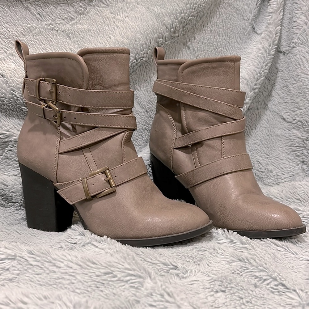 JustFab Taupe Buckle Boots - Picture 1 of 4